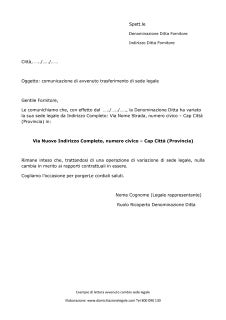 Lettera per avvenuto cambio di sede legale