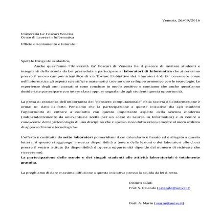 Lettera presentazione labotratori informatica | PDF