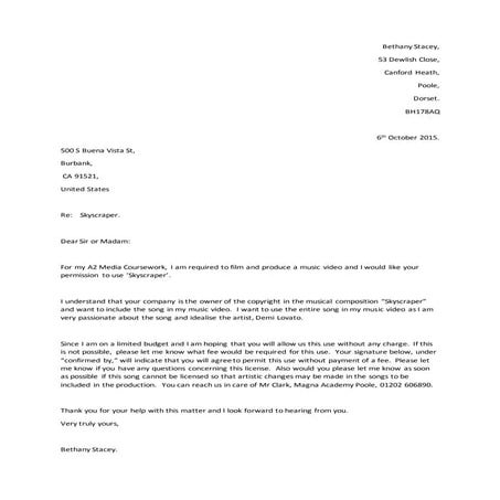 Letter asking permission