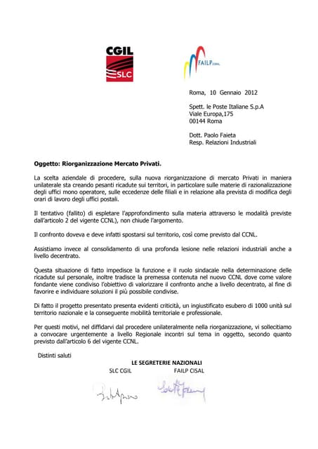 Lettera slc failp dott faieta su incentivazione commerciale