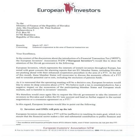 Letter european investors – government of the Slovak republic