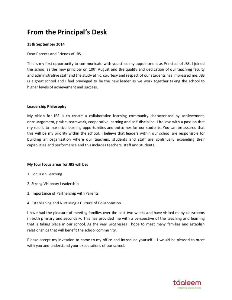 letter from the principal september 2014 letter to school principal