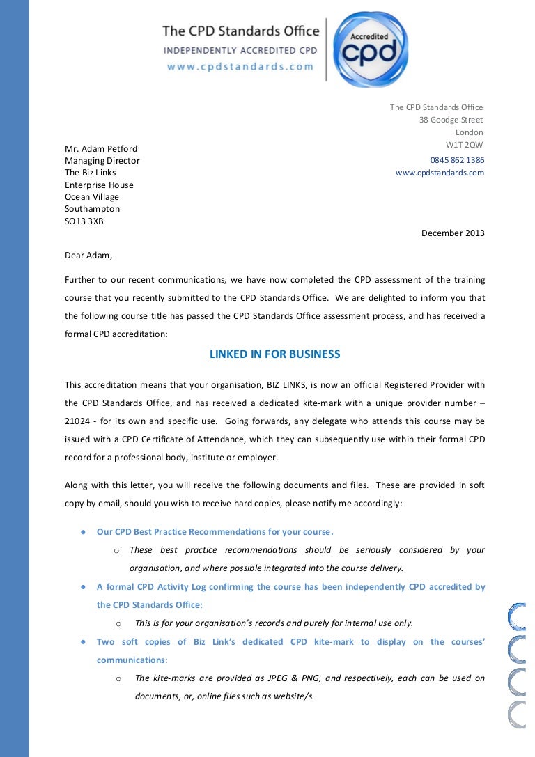 Letter Of Cpd Confirmation 21024 TheBizLinks December 2013