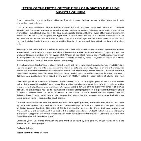 Letter of Editor to Prime Minister