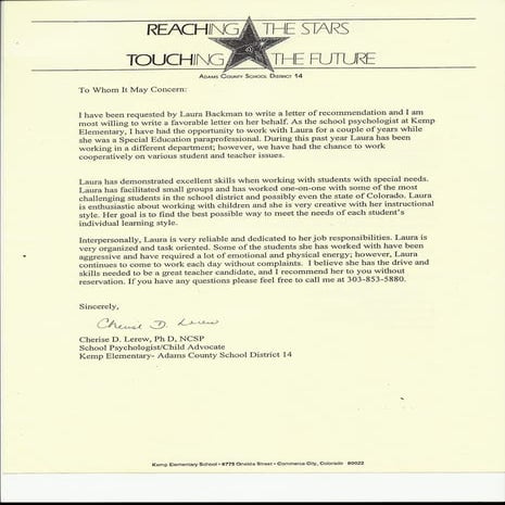 Letter of Recommendation from Dr. Cherise D. Lerew PhD NCSP