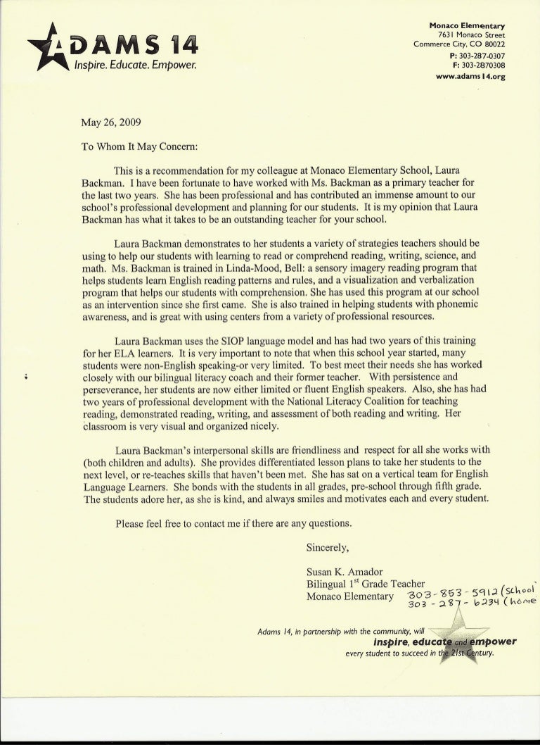Letter Of Recommendation From Elementary School Teacher Susan K Amad