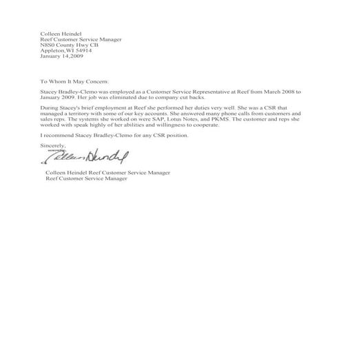 Letter of recommendation from Reef