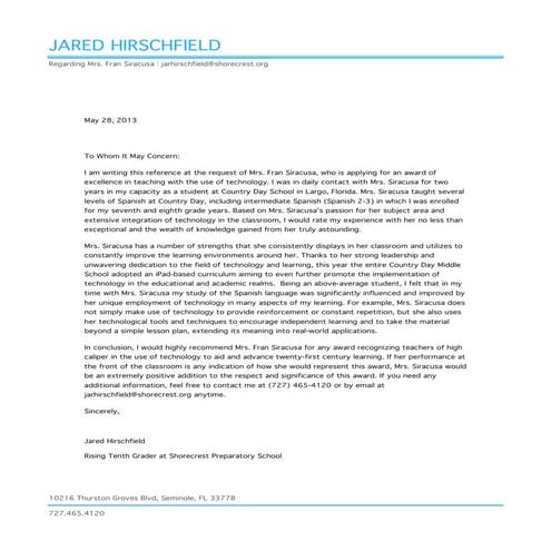 Letter of recommendation jh siracusa