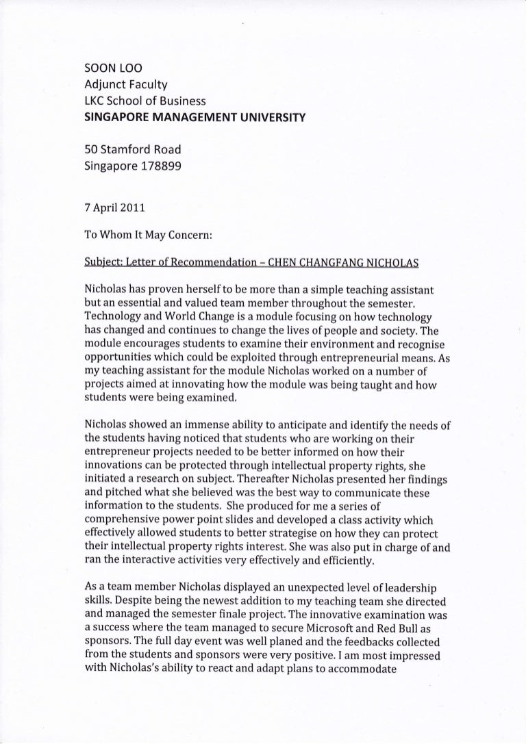 letter of recommendation smu recommendation sample letter