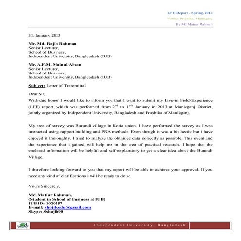 Live in field experience (LFE) Final report's Letter of transmittal