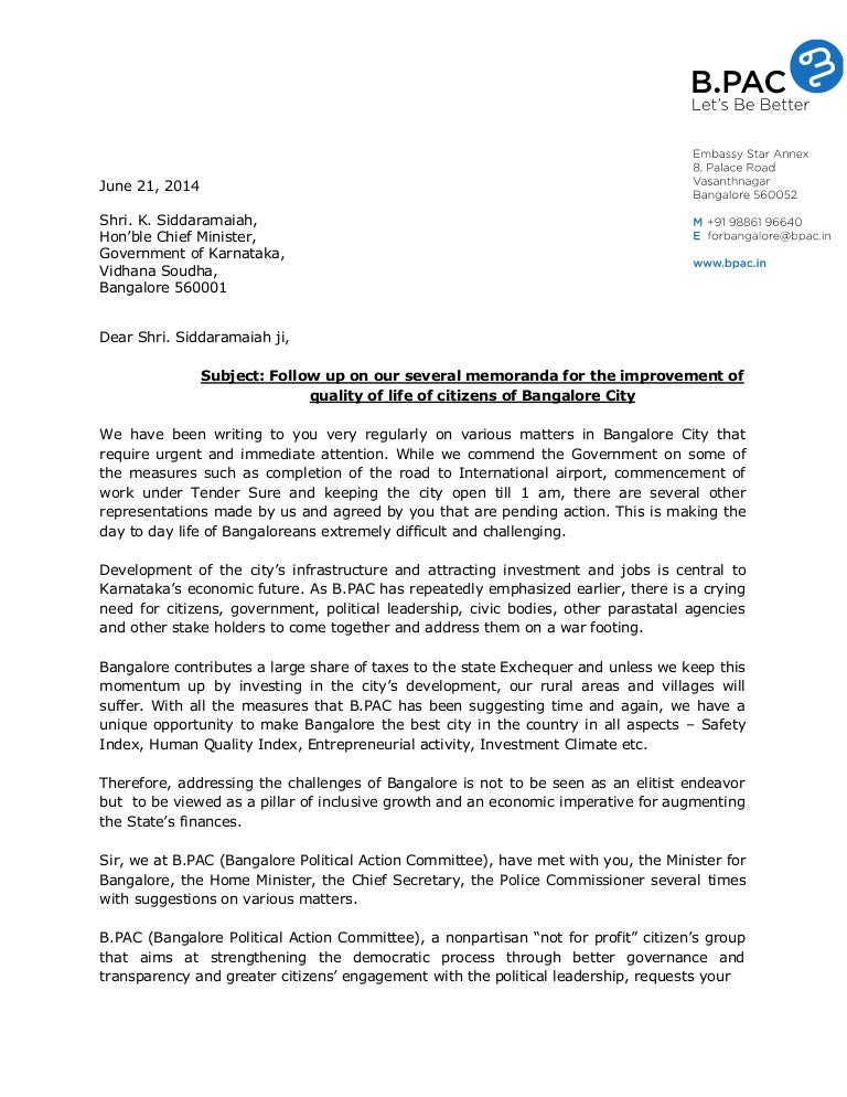 Critical Issues Plaguing Bangalore B PAC s letter to the Karnataka CM Critical Issues Plaguing Bangalore B PAC s letter to the Karnataka CM