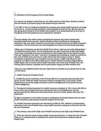 Letter To Congress On Health Care