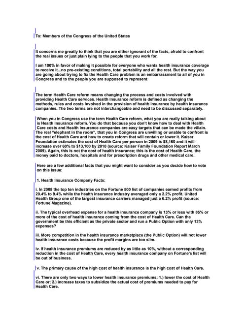 Letter To Congress On Health Care