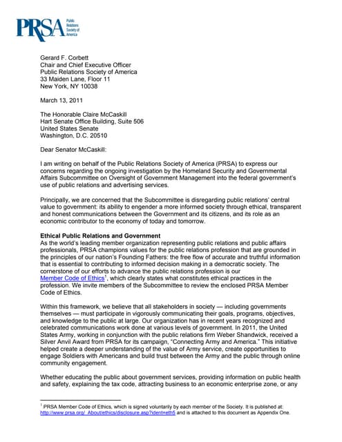 PRSA Letter to Senate Subcommittee on Contracting Oversight — March 13, 2012
