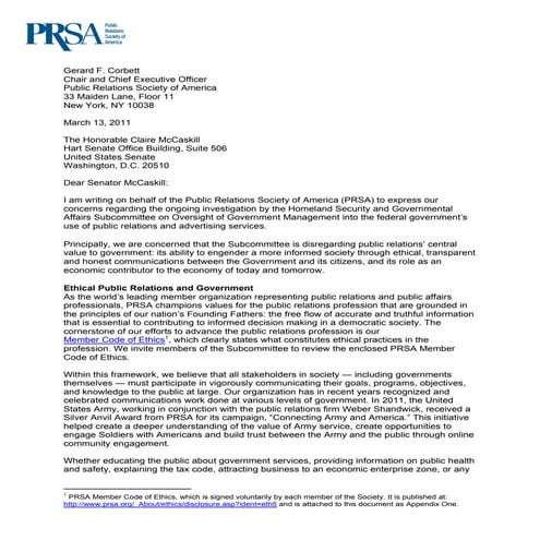 PRSA Letter to Senate Subcommittee on Contracting Oversight — March 13, 2012