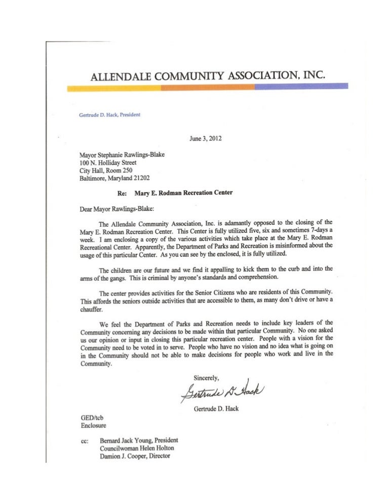 Letter To The Mayor of Baltimore City Don't Close Our Recreation Ce…