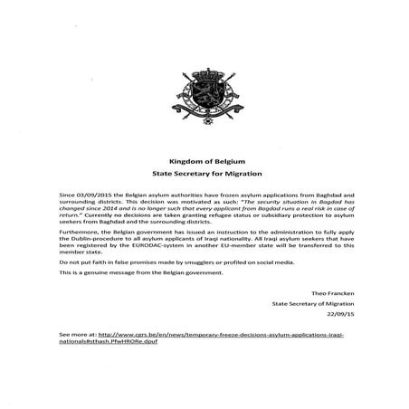 La lettre de Theo Francken aux Irakiens