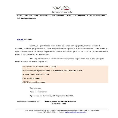 Levantamento de valor judiciario