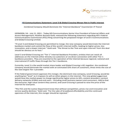 Level 3 Global Crossing Merger Not in Public Interest