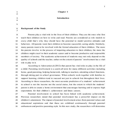 Level of Influence of Parental Involvement on the Selected Tangub City Nation...
