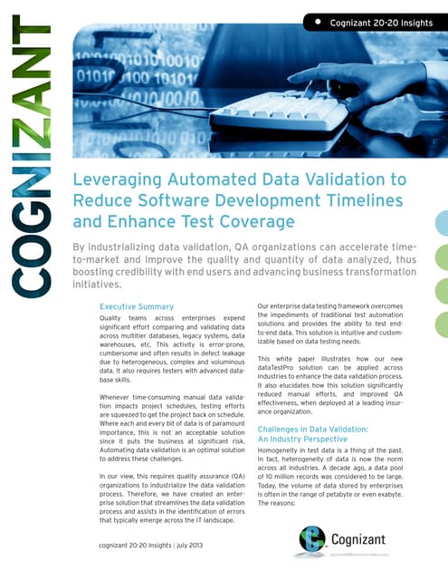 Leveraging Automated Data Validation  to Reduce Software Development Timeline...