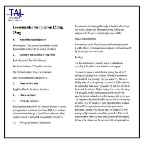 Levosimendan for Injection Taj Pharma SmPC