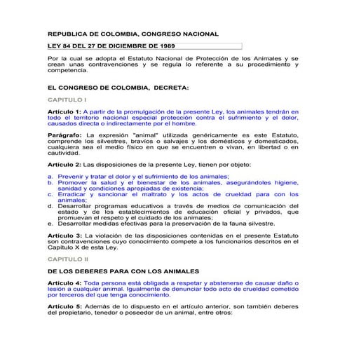 Ley 84 De 1989 | DOC | Veterinary Medicine | Pets