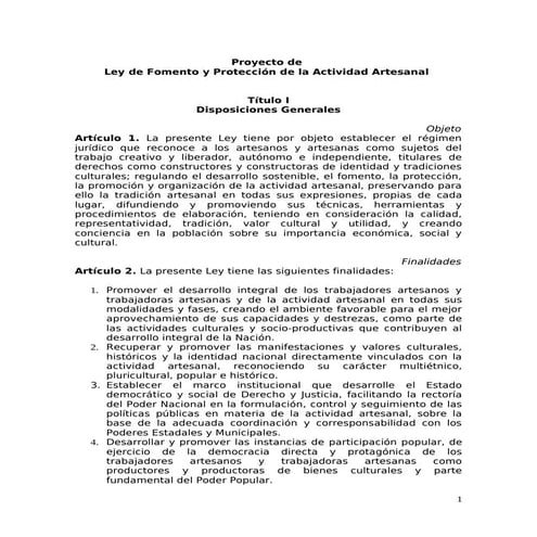 Proyecto Ley de fomento y proteccion al desarrollo artesanal