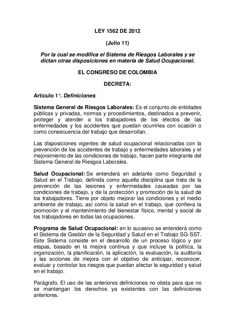 Ley 1562 De 2012