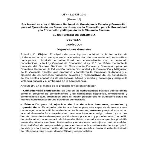 Ley 1620 de Marzo 15 de 2013 - Sistema Nacional de Convivencia Escolar ...