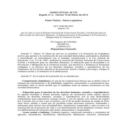 Ley 1620 de Marzo 15 de 2013 - Sistema Nacional de Convivencia Escolar ...