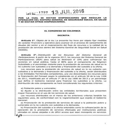 Ley 1797 de 2016 saneamiento fiscal para sector salud