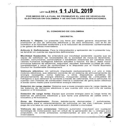Ley 1964 de 2019 por medio de la cual se promueve el uso de vehículos eléctri...