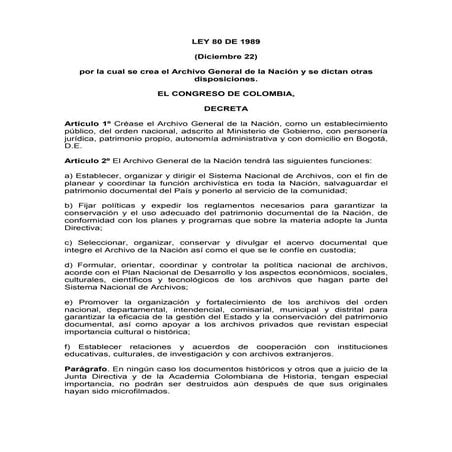 Ley 80 de 1989 crea el archivo general de la nación | PDF