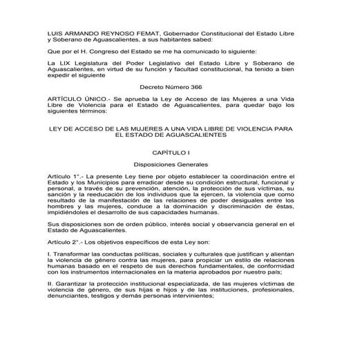 LEY DE ACCESO DE LAS MUJERES A UNA VIDA LIBRE DE VIOLENCIA PARA EL ESTADO DE ...