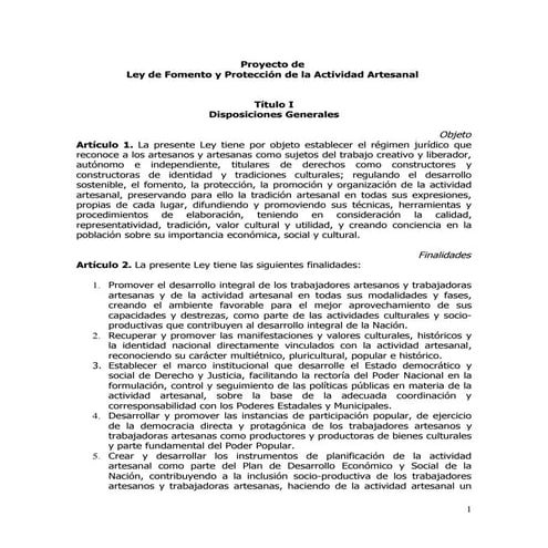 Proyecto de Ley de Fomento y Proteccion Artesanal de la republica Bolivariana de Venezuela