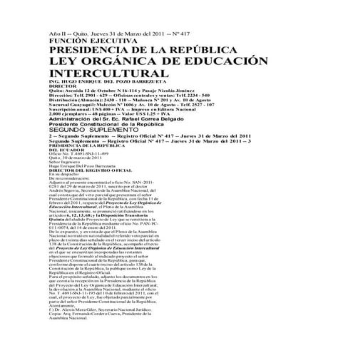 Ley organica de educacion intercultural loei | PDF