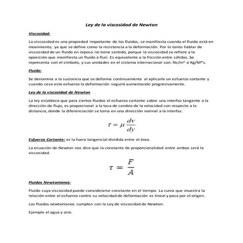 Ley de la viscosidad de newton, newtonianos y no newtonianos