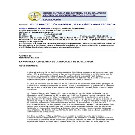 Ley de protección integral de la niñez y adolescencia (lepina) | DOCX
