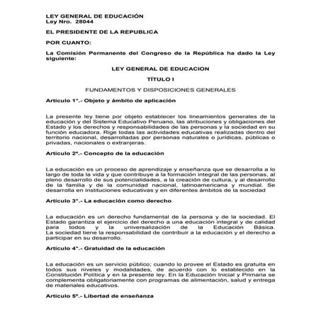 Reglamento de la Ley General de Educación N° 28044 - LEO HSH | PDF