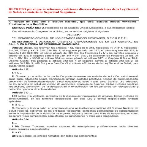 Ley general de salud, en materia de seguridad sanguínea.