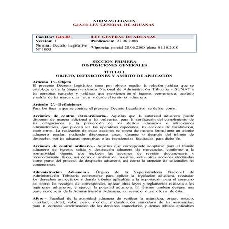 Ley gral de aduanas d. legislativo 1053