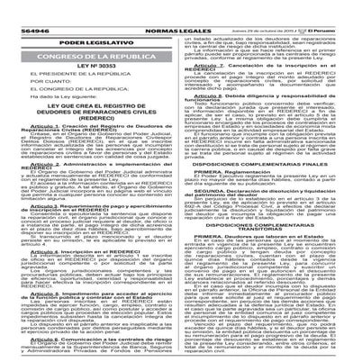 Ley N° 30353 - Ley que crea el Registro de Deudores de Reparaciones ...