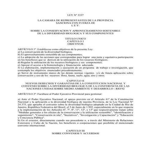 Ley nº 3337 conservacion aprovechamiento div biologica