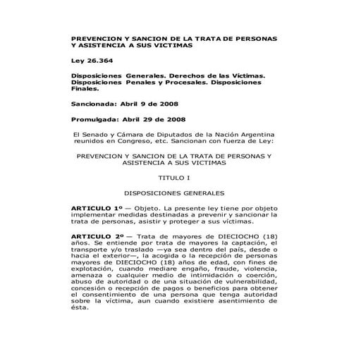 Ley nacional 26364 prevencion y sancion de la trata de personas y asistencia ...