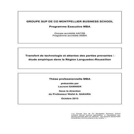 Transfert de technologie et attentes des parties prenantes : étude empirique ...