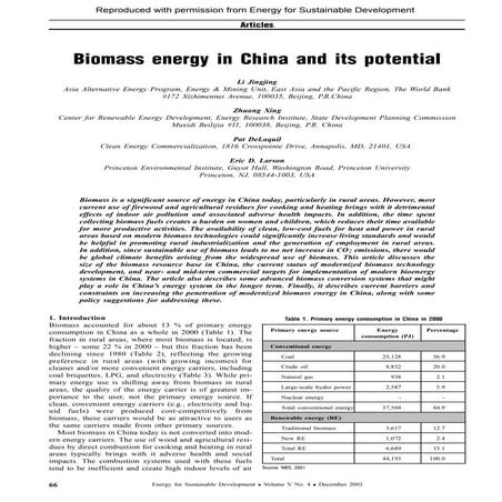 Biomass Energy in China and its Potential