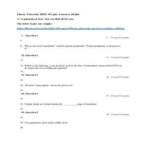 Liberty university biol 101 quiz 4 complete solutions correct answers ...