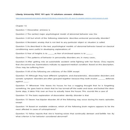Liberty university psyc 101 quiz 13 solutions answers slideshare | DOCX