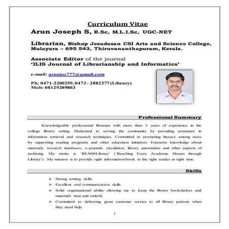 Librarian arun joseph cv